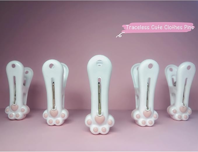 Plastic Clothespins Laundry Clothes Pins-12 Pack, Traceless Clothes Pegs, Bag Clips, Food Package Clip, with Cute Cat Claw Pattern