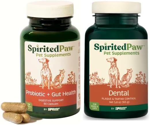 Spirited Paw Pet Wellness Bundle - Dental & Probiotic Support for Cats and Dogs - Teeth Powder & Gut Health Capsules for Oral and Digestive Health - 165 g Powder & 90 Capsules