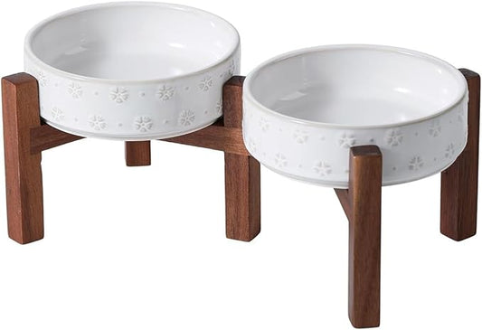 SPUNKYJUNKY Ceramic Dog Bowl Set with Acacia Wood Stand Raised for Small Medium Sized Dog (Shallow, 15.5cm)