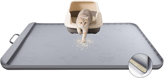 Silicone Cat Litter Mat with Collection Pocket, 42" x 28" Large Cat Litter Box Mat Waterproof Anti-Slip Litter Trapping Mat with Edge and Handle Pet Placemat for Floors (Light Grey)