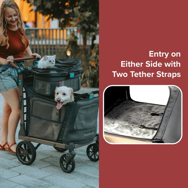 Wadabuggy Pet Two Foldable Cart - Adjustable & Portable Pet Stroller with Caddy, Foam Filled Rubber Wheels, Storage - Carriage for Small & Medium Dogs, Cats Under 75 lbs