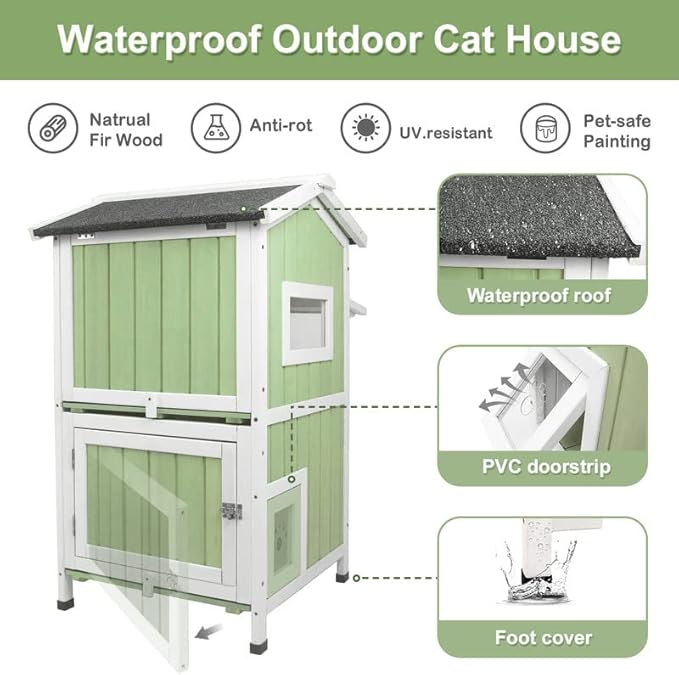 PetsCosset Outdoor Cat House Shelter Weatherproof, Two Story Wooden Outside Feral Cat House with Openable Roof, Escape Door