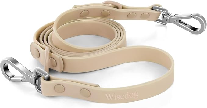 Wisedog Waterproof Dog Leash – 5ft/6ft Adjustable with 2 Hooks & Traffic Handle, Easy to Clean Double Clip Leash for Small, Medium, Large Dogs (Sand Color L)