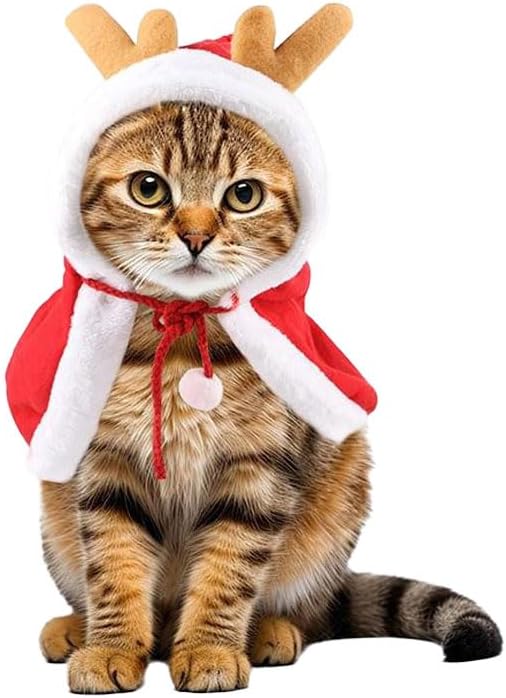 Cat Christmas Costume Reindeer Cloak - Soft Plush Adjustable Cape for Cats & Small Dogs, Warm Holiday Party Dress Up for Xmas Photos, Gift for Pet Lovers