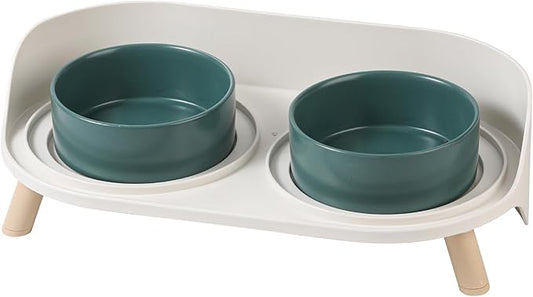 Elevated Ceramic Cat Bowl Set - Raised Double Dishes for Food & Water - Non-Slip Stand & Splash Proof - for Cats & Puppies - 2 x 480 ML - 16.23 OZ