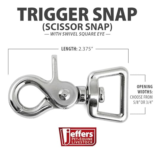 Jeffers Trigger Snap Scissor Snap Clip with Swivel Square Eye 2.5" – Nickel Plated Die Cast for Rope, Pet Leash, Harness, Keychain, DIY Crafts, Camping, Tools, Utility Use - 3/4" 6 Pack