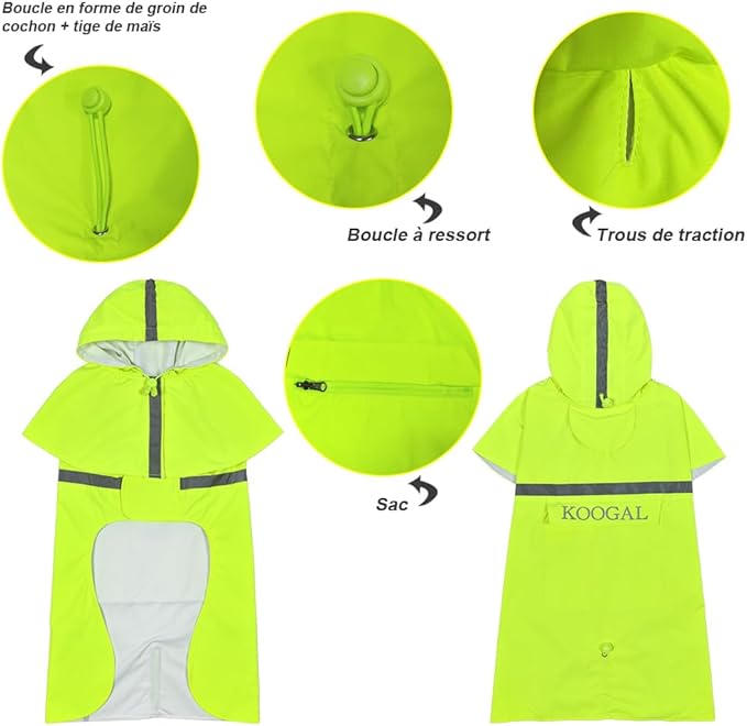 Dog Raincoat Apparel Poncho Waterproof Dog Clothes Pet Raincoat Jacket for Small to Medium Sized Dogs (Fluor-Yellow,2XL)