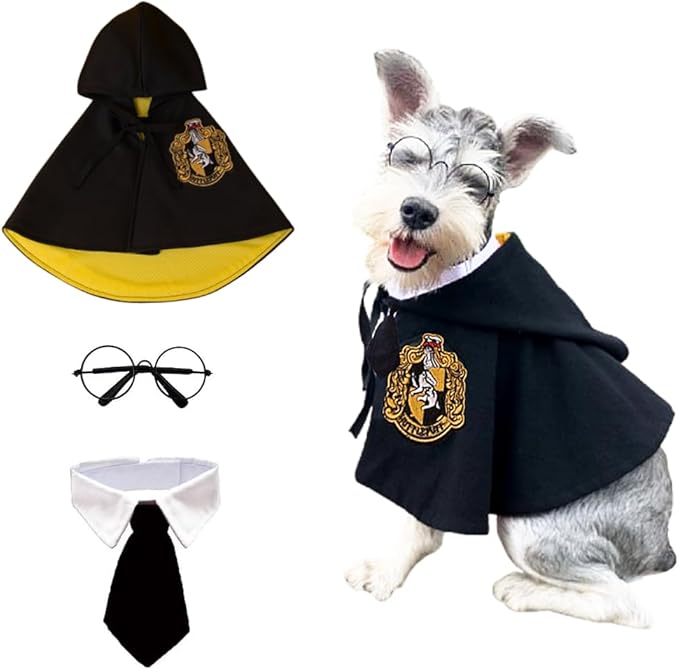 ANIAC 3PCS Halloween Dog Costume Cat Wizard Cape Glasses and Necktie Set Halloween Puppy Outfit Pet Academy Magician Cosplay Apparel for Kitten Cat Small Dogs (Black+Yellow, Small)