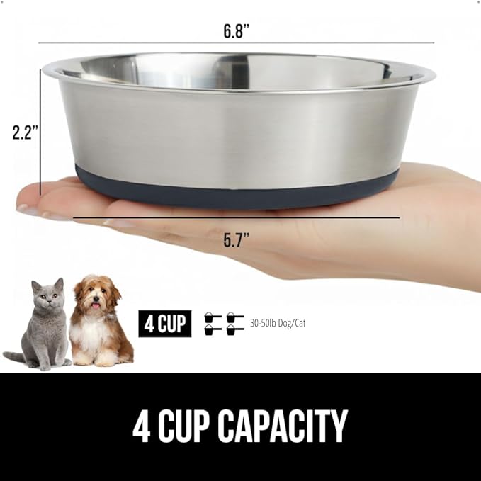 GORILLA GRIP Dog Bowl, Holds 4 Cups (32 fl oz), Heavy Duty Metal Food and Water Bowl for Feeding Dogs and Cats, Easy Clean, Dishwasher Safe, Rust Resistant Stainless Steel, BPA Free Rubber Base, Gray
