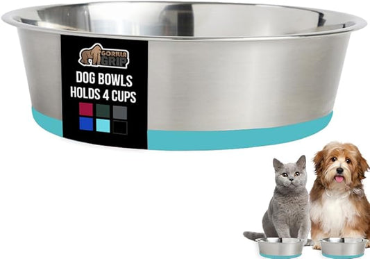 GORILLA GRIP Dog Bowl, Holds 4 Cups (32 fl oz), Heavy Duty Metal Food and Water Bowl for Feeding Dogs and Cats, Dishwasher Safe, Rust Resistant Stainless Steel, BPA Free Rubber Base, Turquoise