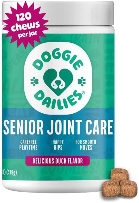 Doggie Dailies, Advanced Senior Hip and Joint Supplement for Dogs, Glucosamine Chondroitin, Premium Hip and Joint Chews for Dogs All Breeds & Sizes, Dog Vitamins and Supplements, (Duck) 120 Chews