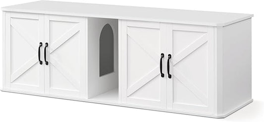 Feandrea Double Cat Litter Box Enclosure, Modern Litter Box Furniture Hidden for 2 Cats, Front Entry, Cat House, Side End Table, TV Stand, 59 x 19 x 19.5 Inches, Cloud White UPCL010W01