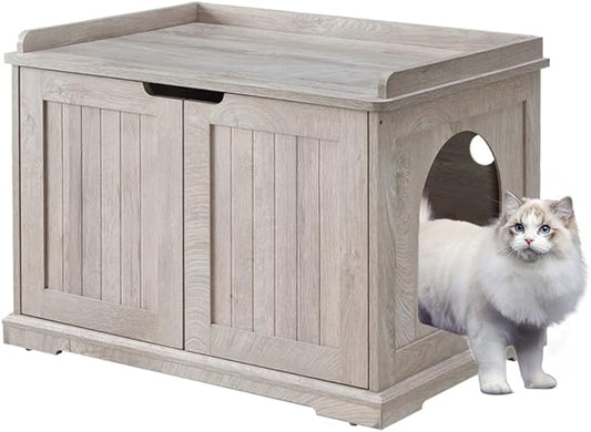 unipaws Cat Litter Box Enclosure Furniture, Hidden Litter Box Cover Washroom, Dog Proof Cabinet for Large Cat, Hideaway House, Weathered Grey