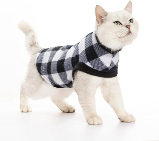 EXPAWLORER Plaid Cat Sweater - Pet Clothes Cat Puppy Vest Warm Fleece Hoodie for Cats, Fall and Cold Winter Coat Pullover Design, Buffalo Checked Sweatshirt Clothing Also for Small Dogs