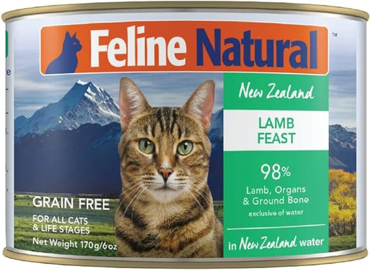 Feline Natural New Zealand Canned Catfood Wet Food, High-Meat, Low-Carb, & Grain Free Cat Food Wet, Lamb Feast, 6 oz, Pack of 12