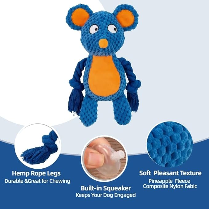 Plush Mouse Dog Toy – Durable Squeaky Toy with Rope Arms for Chewing & Tug of War | Soft Textured Stuffed Animal Toy for Small & Medium Dogs | Interactive & Cute Pet Gift