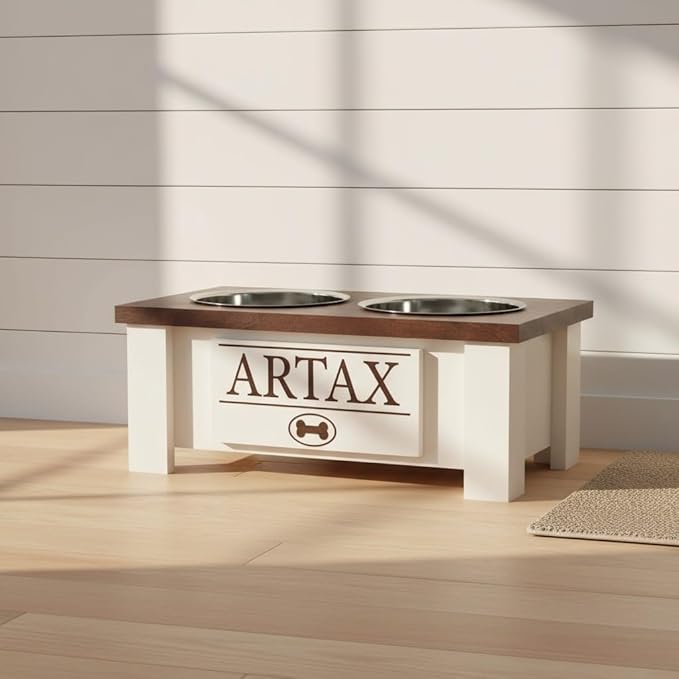 GrooveThis Woodshop - Personalized Elevated Dog Bowl Stand for Large, Medium, Small, X-Small Dogs - Stainless Steel Food and Water Bowls - Raised Dog Dish with Internal Storage (Small, Dark Walnut)