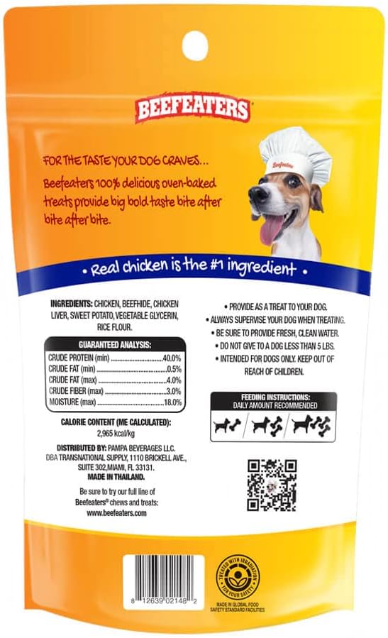 Beefeaters Beefhide Kabobs – Dog Treat. Triple Flavor with Real Chicken, Liver & Sweet Potato, Long-Lasting Chew, Supports Dental Health, Ideal for Training