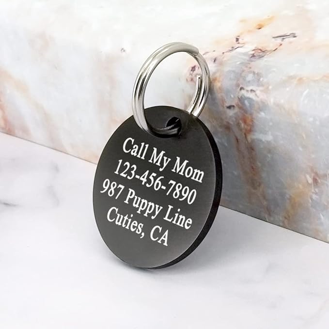 Ultra Joys Custom Personalized Dog ID Tag - Brushed Stainless Steel Round, Black Medium