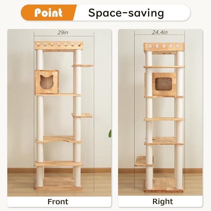 74" Wooden Cat Tree Tower for Large Cats, Multi-Level Cat Climbing Furniture with Scratching Posts, Cat Condo & Hammock, Natural Wood Cat Activity Center(White)