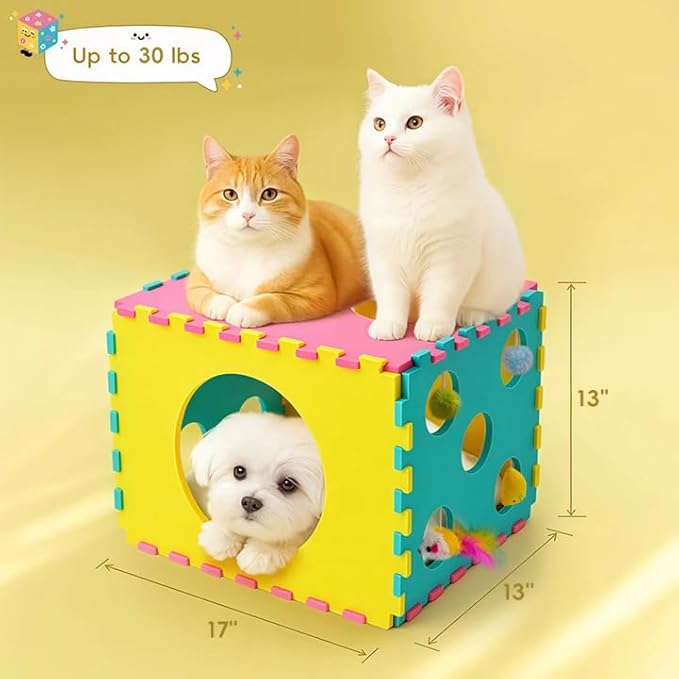 Cat Houses with 40 Cat Toys for Indoor Cats, Cute Cat Bed Cave for Multiple Large Cats, Kitten Toys for Indoor Kittens, 17 Inches