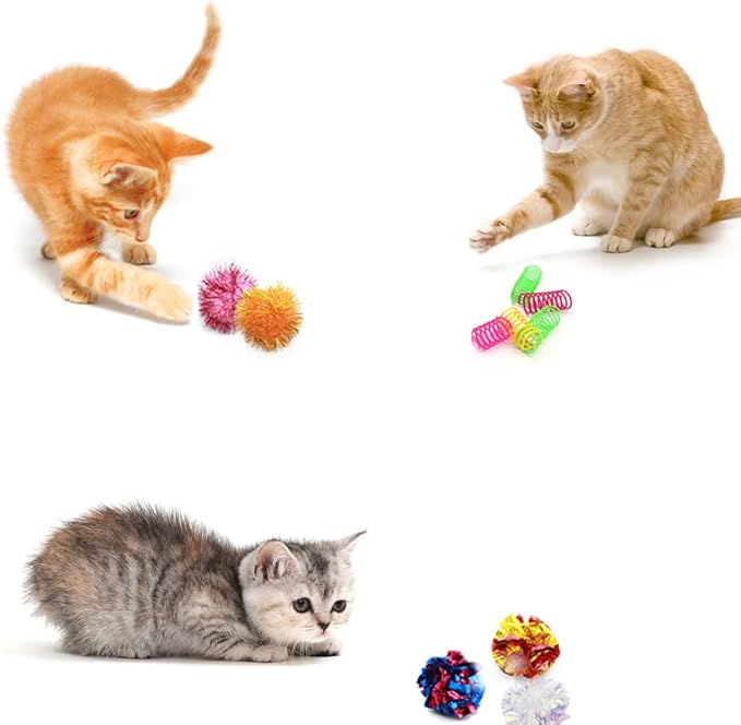 LASOCUHOO Cat Toys, 30 Packs Interactive Cat Toy Pack Including Cat Crinkle Balls, Cat Sparkle Balls, Spiral Springs for Kitten