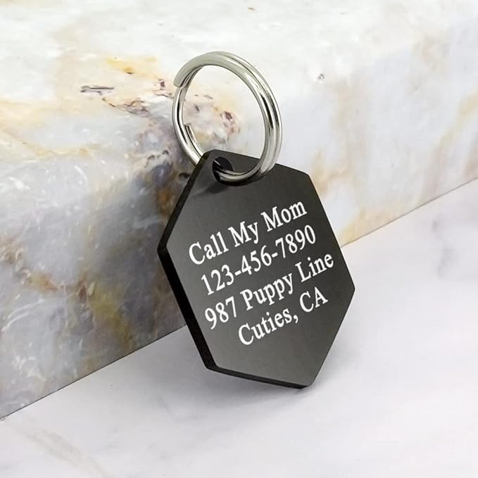 Ultra Joys Personalized Custom Dog ID Tag - Brushed Stainless Steel Hexagon, Black, Small