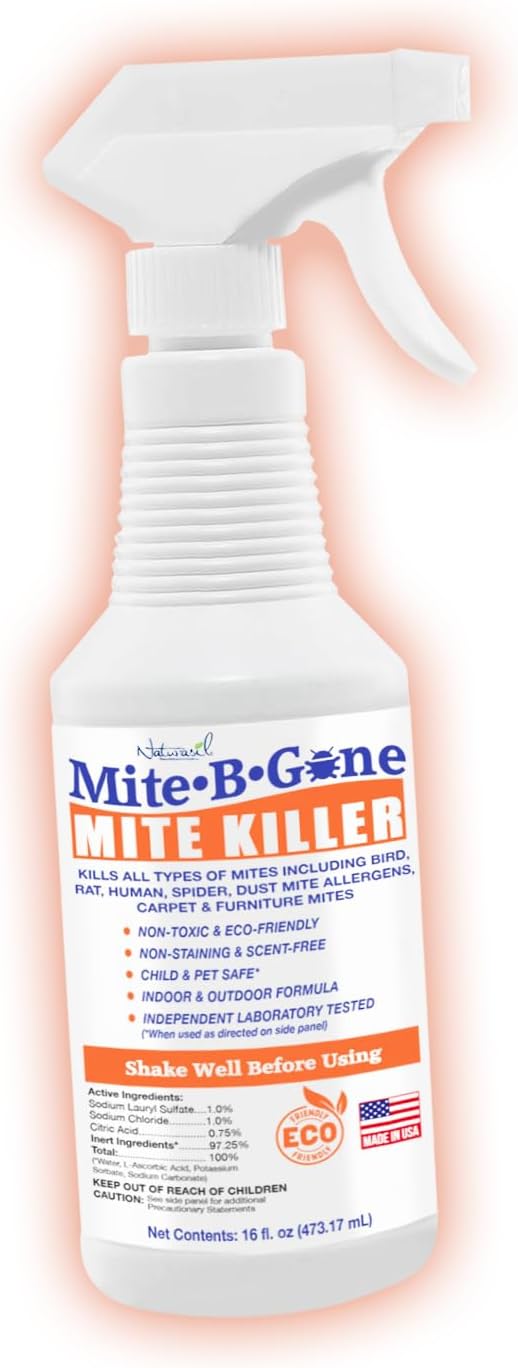 Mite Killer Spray by Mite-B-Gone — Kills Human Mites, Bird, Dust, Spider, Rat, Turkey, Carpet Mites. Treatment for Homes, Furniture, Bedding, Auto & Animals | Non-Toxic | Kid & Pet Safe | 16oz Spray