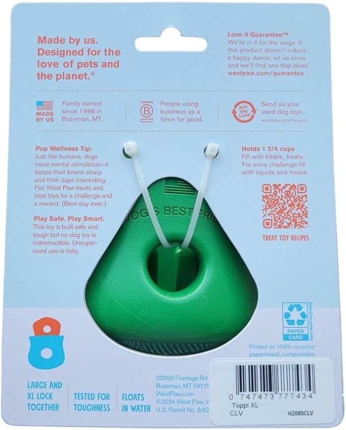 WEST PAW Toppl Durable Dog Treat Puzzle Toy for Large Dogs- Engaging Interactive Chew Toy for Mental Stimulation, Slow Feeding- One and Quarter Cup Capacity - Clover Green, XL