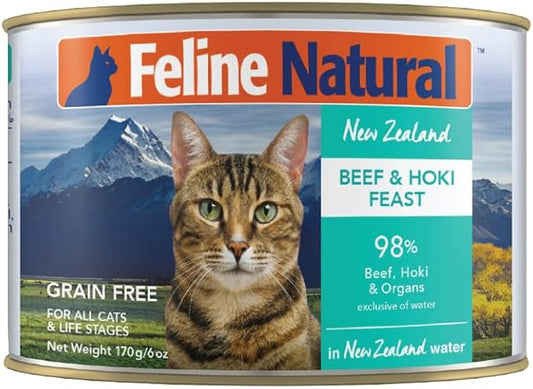 Feline Natural New Zealand Canned Catfood Wet Food, High-Meat, Low-Carb, & Grain Free Cat Food Wet, Beef & Hoki Feast, 6 oz, Pack of 12