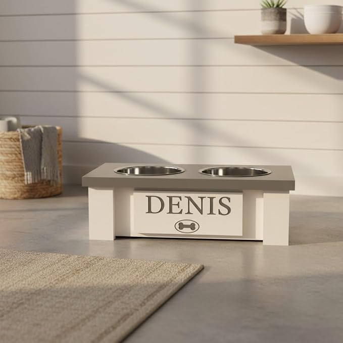 GrooveThis Woodshop - Personalized Elevated Dog Bowl Stand for Large, Medium, Small, X-Small Dogs - Stainless Steel Food and Water Bowls - Raised Dog Dish with Internal Storage (X-Small, Grey)
