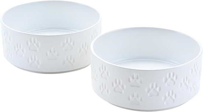SPUNKYJUNKY Ceramic Dog Bowls 2 Pack, 8.3'' Dog Food Water Double Feeding Bowls Non-Slip for Medium to Large Sized Breed Microwave Dishwasher Safe - 60 OZ, 2pcs, Paw White