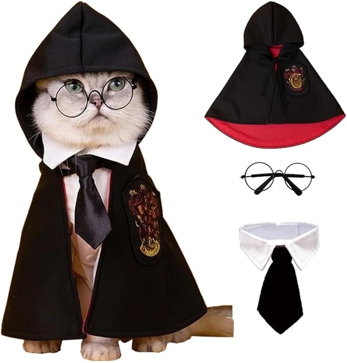 ANIAC 3PCS Halloween Dog Costume Cat Wizard Cape Glasses and Necktie Set Halloween Puppy Outfit Pet Academy Academy Magician Cosplay Apparel for Kitten Cat Small Dogs (Black+Red, Medium)