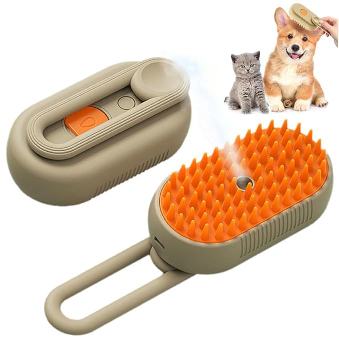 2026 Upgraded 4-in-1 Pet Steam Groomer Brush for Cats & Dogs, Massaging Steam Brush for Shedding Hair Removal, Cleaning & Grooming Comb (Brown)