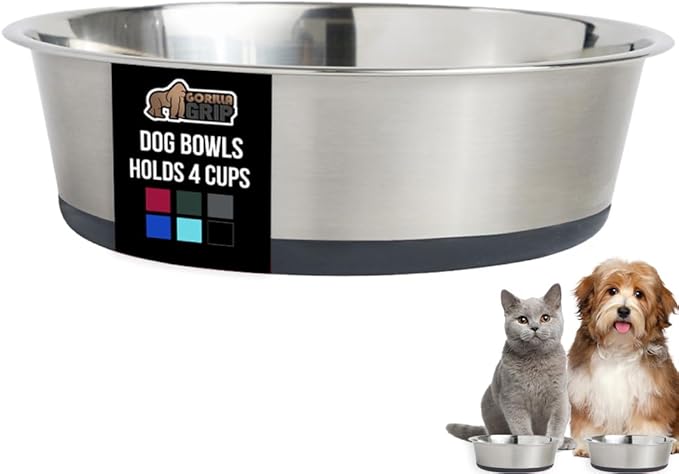 GORILLA GRIP Dog Bowl, Holds 4 Cups (32 fl oz), Heavy Duty Metal Food and Water Bowl for Feeding Dogs and Cats, Easy Clean, Dishwasher Safe, Rust Resistant Stainless Steel, BPA Free Rubber Base, Gray