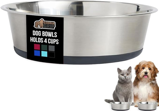 GORILLA GRIP Dog Bowl, Holds 4 Cups (32 fl oz), Heavy Duty Metal Food and Water Bowl for Feeding Dogs and Cats, Easy Clean, Dishwasher Safe, Rust Resistant Stainless Steel, BPA Free Rubber Base, Gray