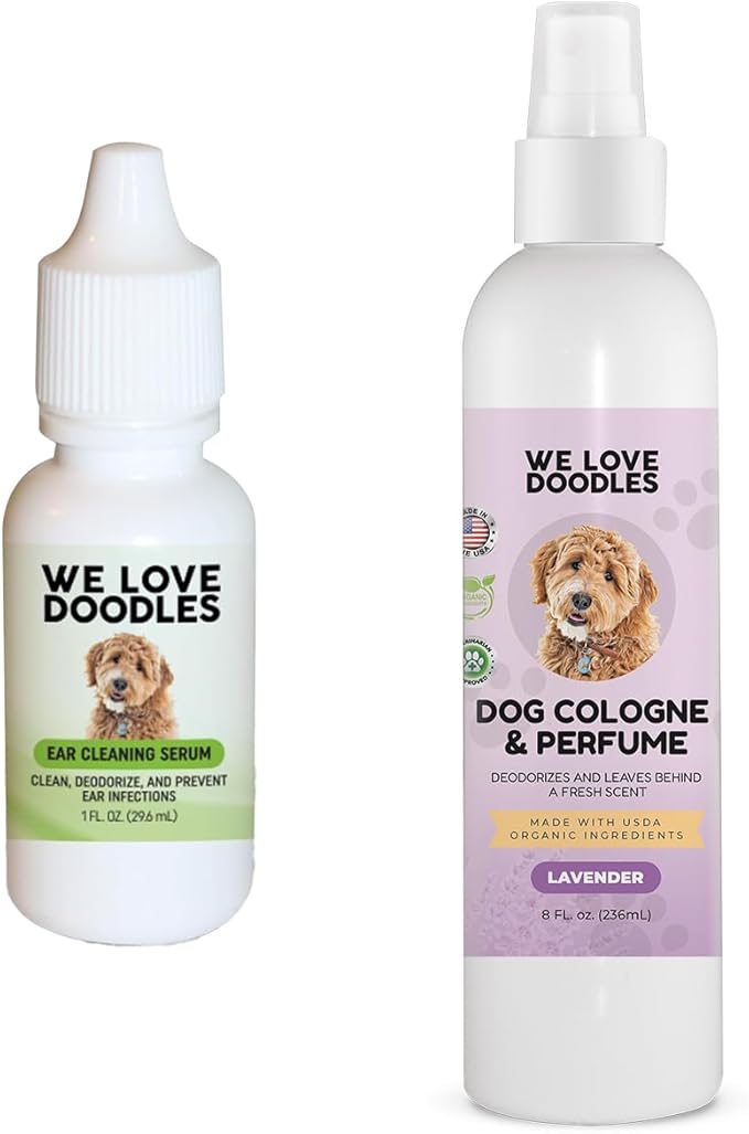 We Love Doodles Dog Ear Serum and Dog Cologne & Perfume Bundle - Ear Drops for Dogs and After Bath Deodorizer Kit - Deodorant for Smelly Dogs - Pet Wash Solution Ear Cleanser - Made in USA