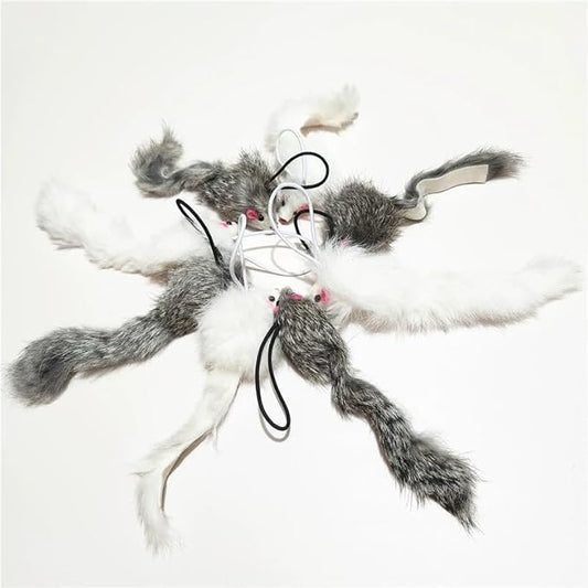 Real Rabbit Fur Mouse Cat Toy - 5 Pack with Crinkle Sound, Rattle & Rope, Extra-Wide Durable Tail, Interactive Hunting Toys for Indoor Cats (No Catnip)
