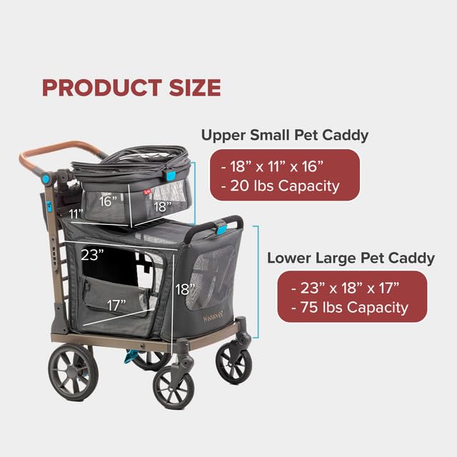 Wadabuggy Pet Two Foldable Cart - Adjustable & Portable Pet Stroller with Caddy, Foam Filled Rubber Wheels, Storage - Carriage for Small & Medium Dogs, Cats Under 75 lbs