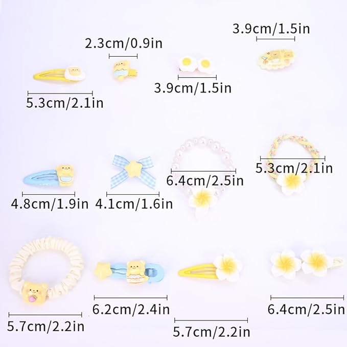 Hair Clips for Women, Acrylic Resin Hair Accessories set with Hairbands Colored Hair Ties, Flower, Rainbow, Little Bear Clips Cute pattern for Birthday Prom (yellow Frangipani blue Bowknot)