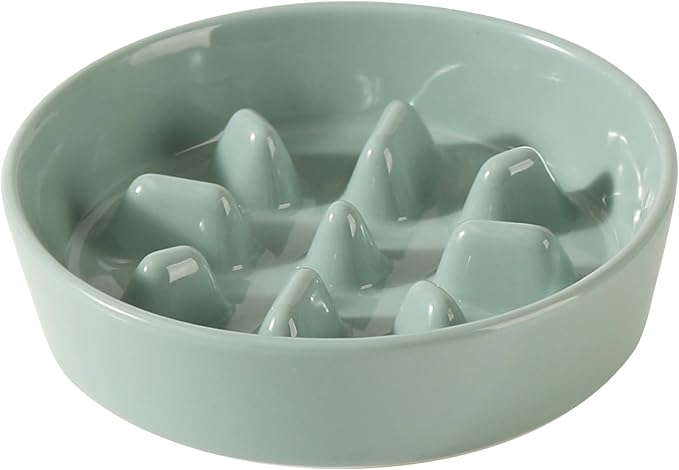 Ceramic 1.2 Cup Dog Bowl Slow Feeder, 7.3 inch Slow Pet Food Dish for Medium and Small Dog, Stop Bloat, Preventing Choking(Single Bowl, Light Green)