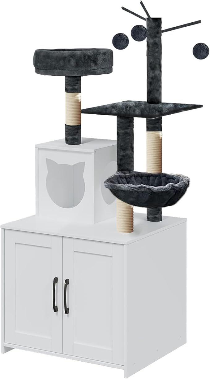 Cat Tree with Litter Box, Wood Litter Box Enclosure with Food Station, Modern Cat Tower for Indoor Large Cats with Large Platform,Cat Condo with Scratching Posts, Hammock, Caves, Basket,White