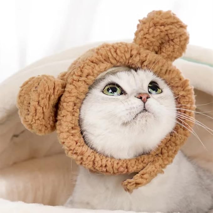 JOICEE Cute Cat Costume Warm Bear Hat Adjustable Soft Small Pet Headwear for Puppy Dog (Brown)