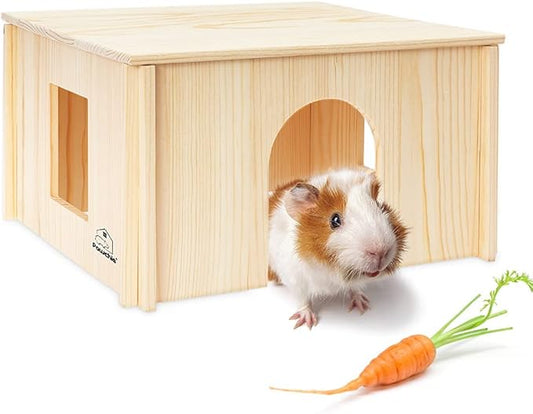 PAWCHIE Wooden Hut for Guinea Pig with Windows - Detachable and Large Size Wood House, Suitable for Guinea Gigs, Hamsters, Chinchillas and Other Small Animals Hideout