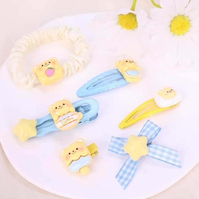 Hair Clips for Women, Acrylic Resin Hair Accessories set with Hairbands Colored Hair Ties, Flower, Rainbow, Little Bear Clips Cute pattern for Birthday Prom (blue Star Bowknot)