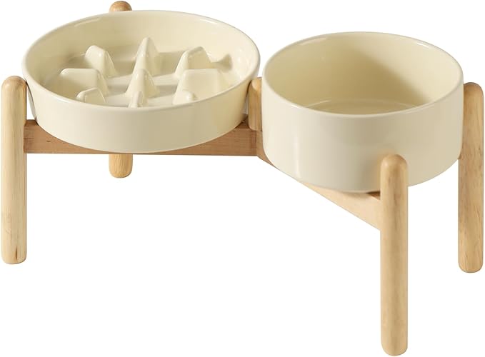 Ceramic 1.2 Cup Raised Slow Feeder Dog Bowl Set, Elevated 6.1inch Bowl and 7.3inch Slow Pet Food Dish with Wooden Stand for Small and Medium Dog (2 x Beige+ Stand)
