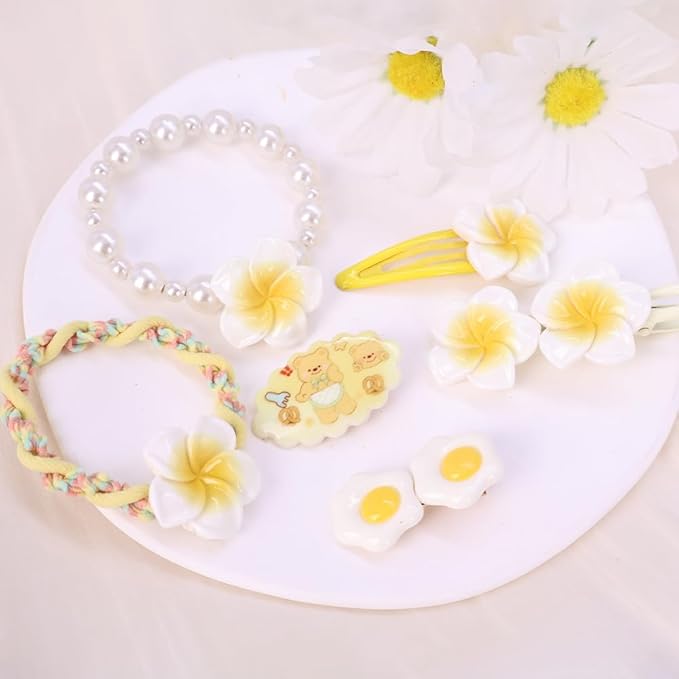 Hair Clips for Women, Acrylic Resin Hair Accessories set with Hairbands Colored Hair Ties, Flower, Rainbow, Little Bear Clips Cute pattern for Birthday Prom Cosplay Party (yellow Pearl Frangipani)