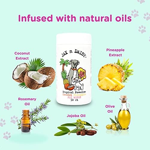 Jax n Daisy Tropical Pawadise Pet Wipes - Clean Wet Wipes for Dogs, Cats & Puppies - Grooming Supplies with Coconut Pineapple Scent - Cleansing, Deodorizing, and Soothing