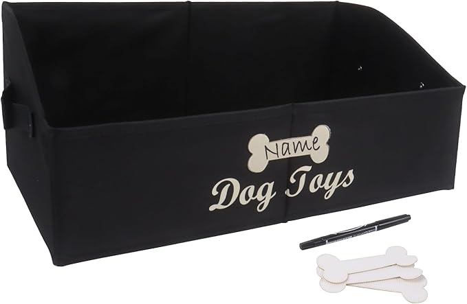Collapsible Dog Toy Box - Fabric Storage for Toys/Blankets/Leashes - Personalizable - Black