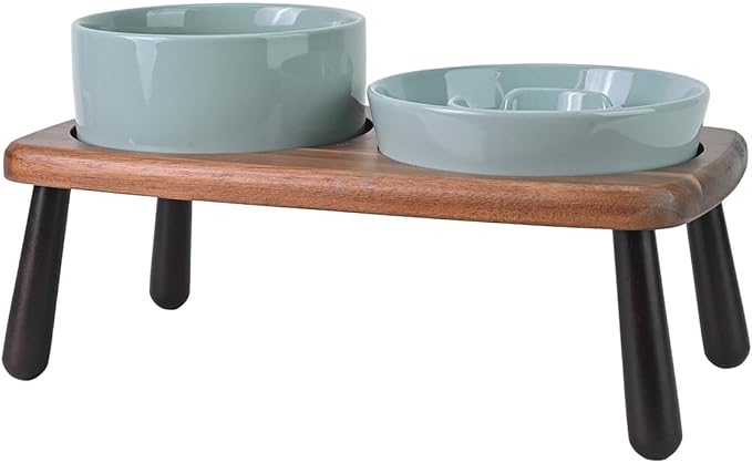 SPUNKYJUNKY Ceramic Elevated Dog Bowls with Slow Feeder Raised with Acacia Bamboo Wooden Stand, 6.1'' Dog and Cat Food Water Bowls Set Non-Slip for Small Medium Sized Breed - Light Green